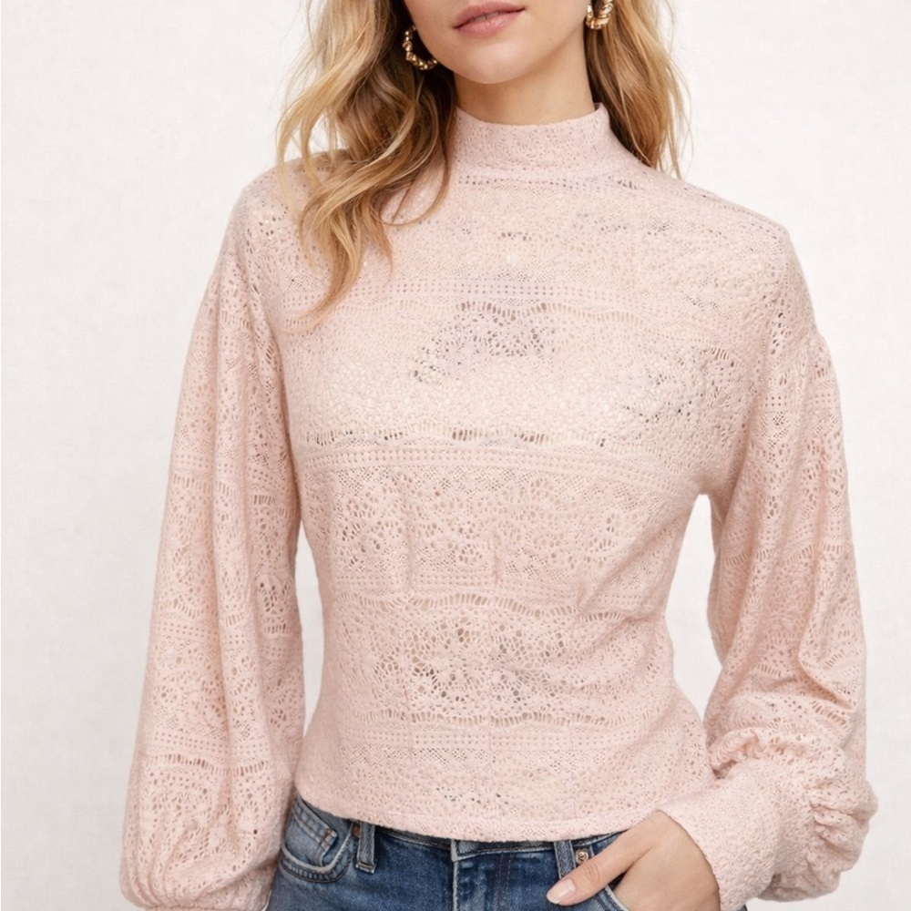 Free People Blush Pink Lace Mock Neck Top Balloon Sleeve Sheer Knit Boho L - Picture 13 of 13